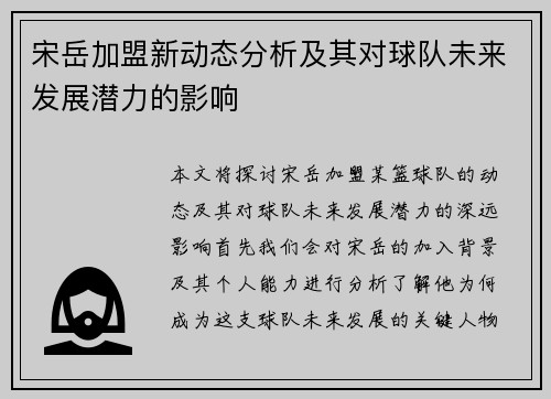 宋岳加盟新动态分析及其对球队未来发展潜力的影响